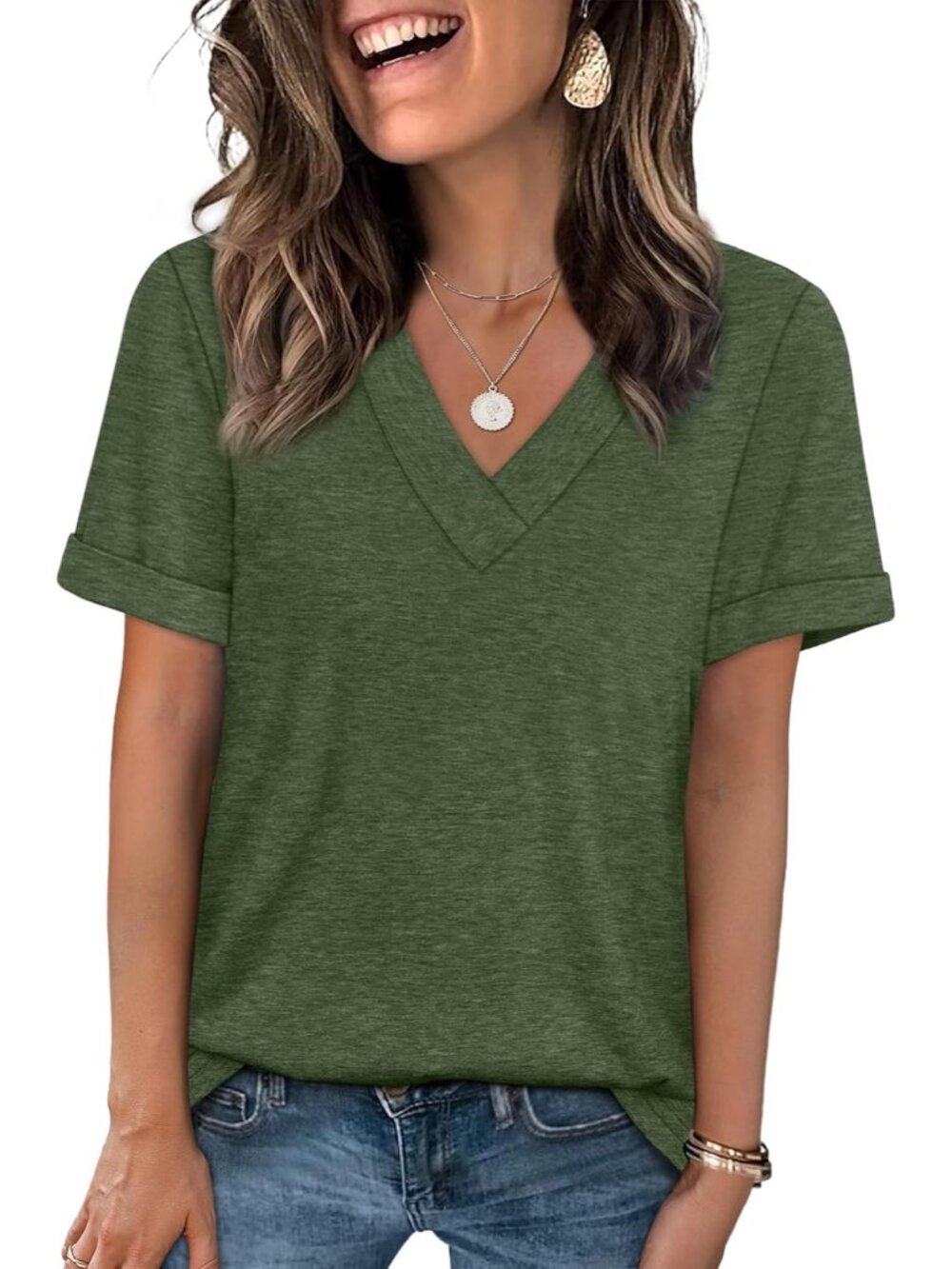 🆕Women Army Green Summer Tops Short Sleeve Basic Casual V Neck T Shirts Trendy